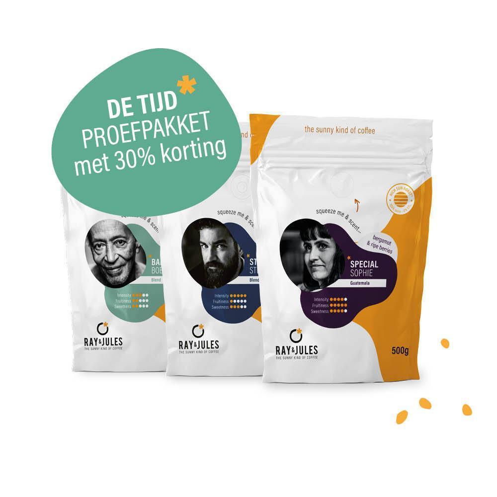 De Tijd proefpakket Drie pakjes van 500 g Balanced Bobby, Strong Stephan en Special Sophie